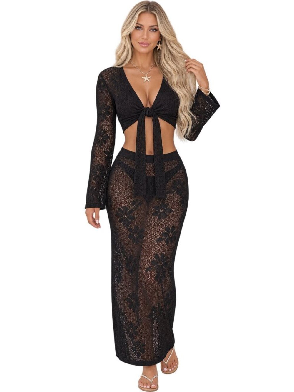Medium Black Crochet 2 Piece Swimsuit Cover Up Wrap Top & Maxi Skirt NWT